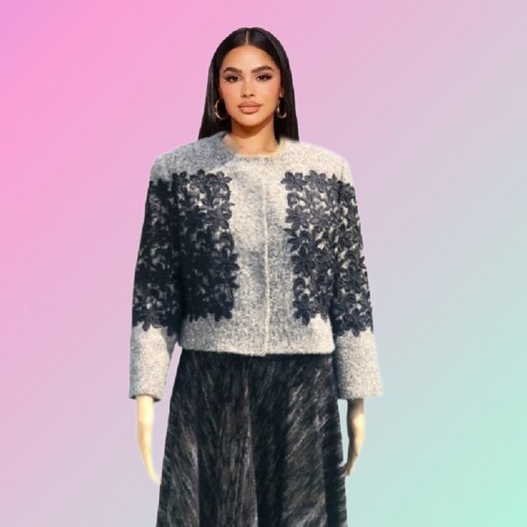 Vintage Single-Breasted Cropped Grey Tweed Jacket Black Lace Appliques Size 10 - Picture 2 of 7